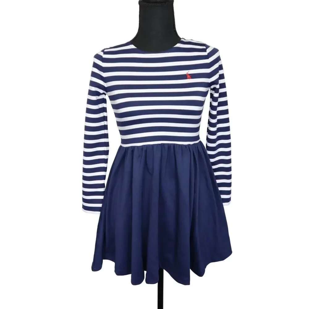 Polo Ralph Lauren Girls Navy And White Stripe Dress Size M(8-10)‎